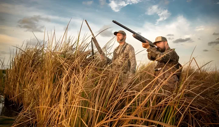 Hunters working the coastal marsh grass at first light