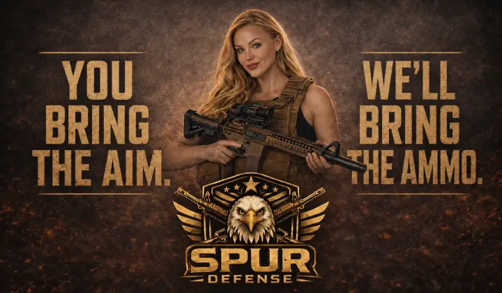 A woman in a tactical vest holding an AR-15 beneath the Spur Defense emblem